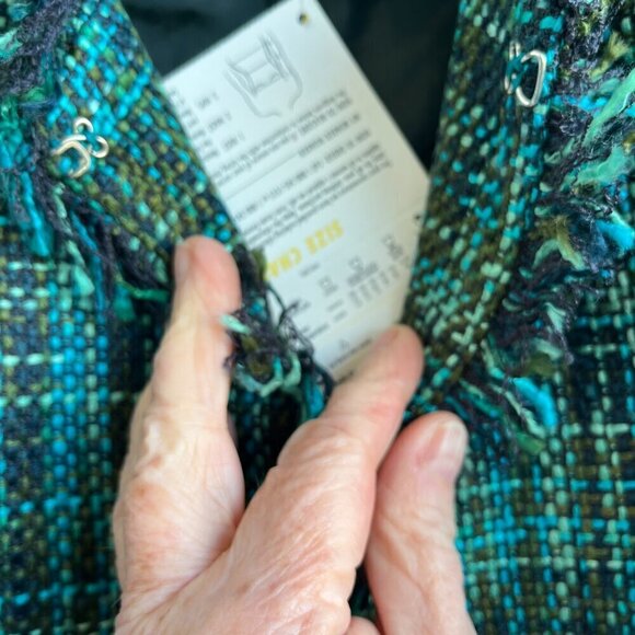 Dialogue Tweed Jacket 2 Pockets Front Closure Long Sleeve Fringe-Edged Teal W 10 - Picture 6 of 13